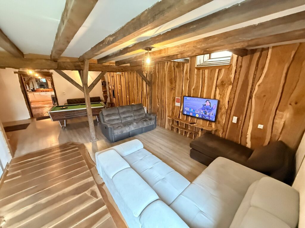 Coin salon avec canapés et télévision